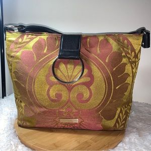 Karen Wilson Hand Bag Tapestry Black Leather Strap